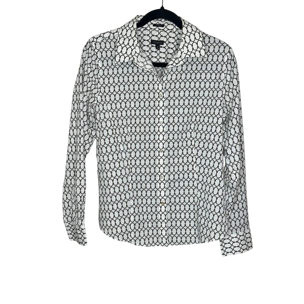 Talbots Wrinkle Resistant Button Down Shirt 10 White Brown Geometric Ring Blouse